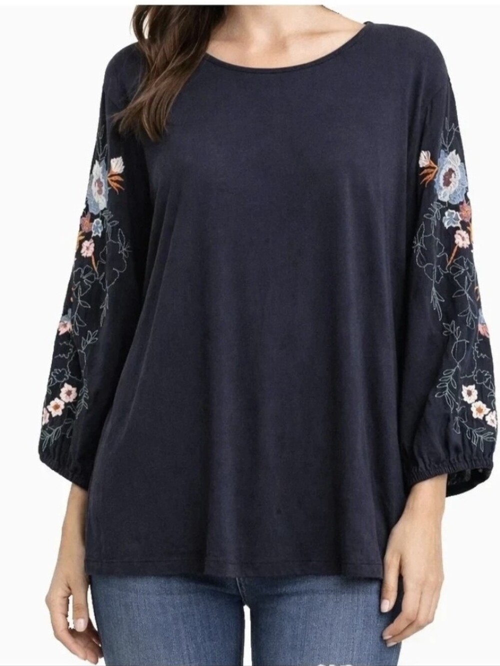 J Jill Embroidered Floral Sleeve Top Navy Blue Modal Blend Balloon Large